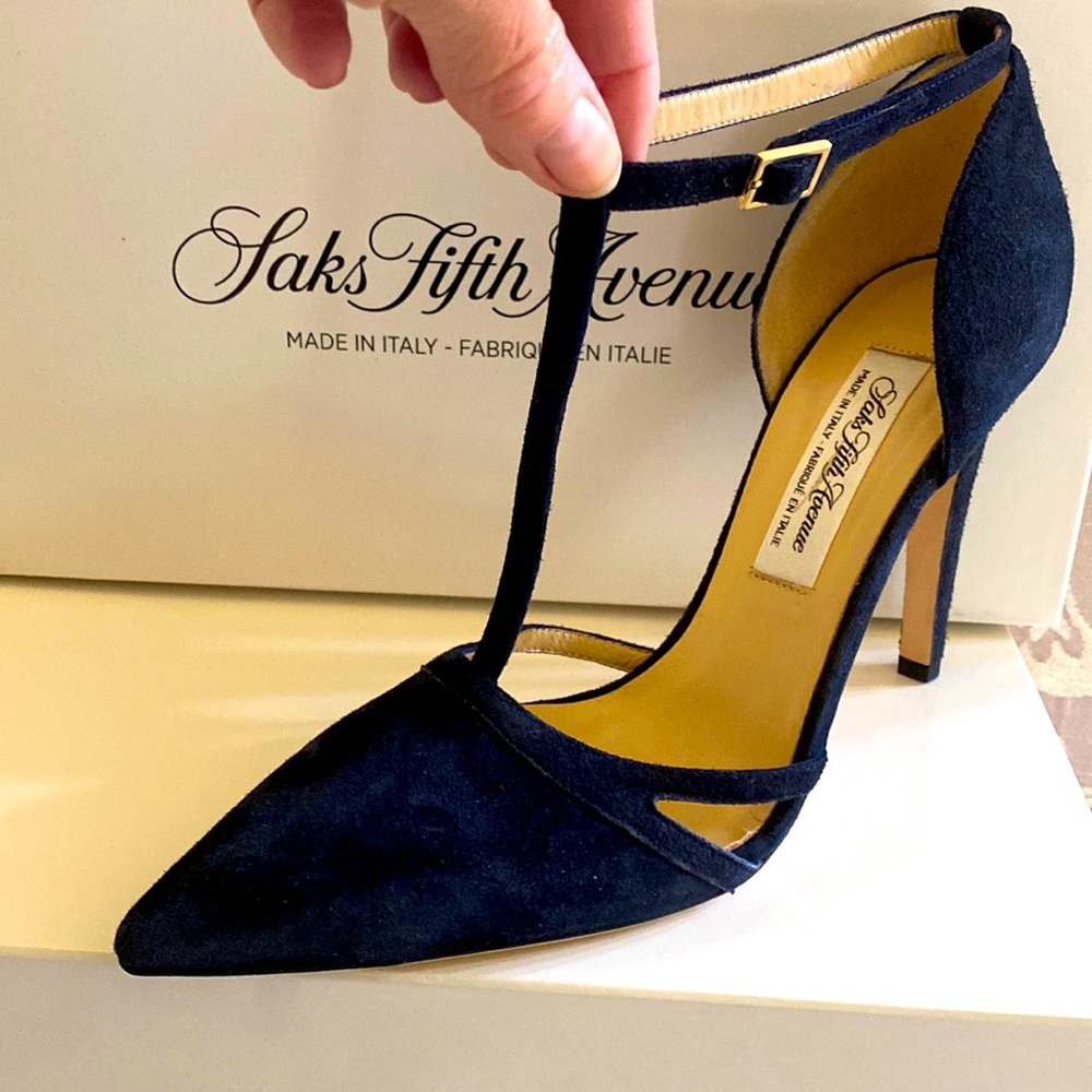 New Navy blue suede leather sole saks italian made pumps